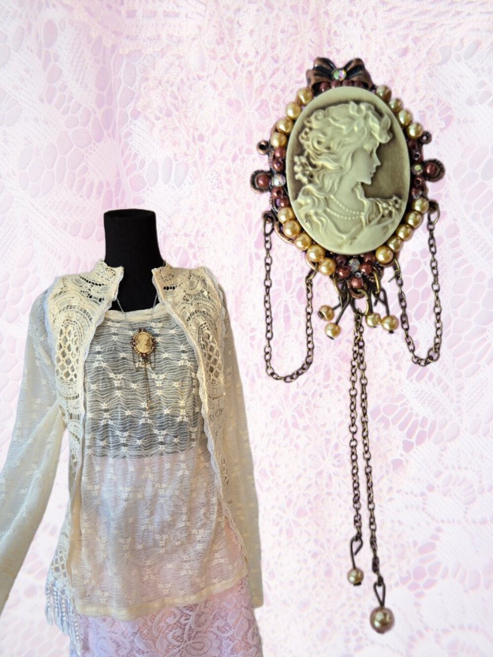 Lady Cameo Mauve Brooch with Pearls and Dripping Chain Y2K Regencycore Romance